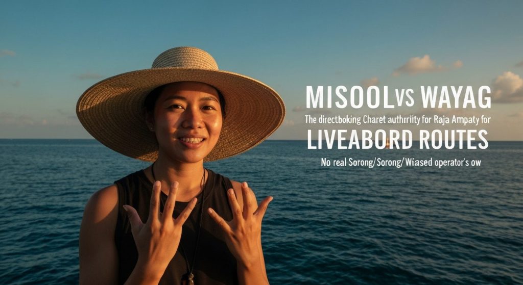 misool vs wayag liveaboard routes — Photorealistic editorial travel photograph relevant to: The direct-booking charter a