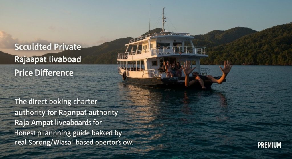 scheduled vs private raja ampat liveaboard price difference — Photorealistic editorial travel photograph relevant to: Th