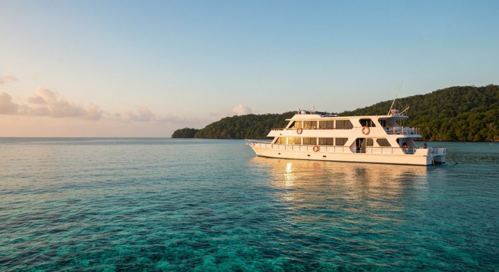 raja ampat luxury liveaboard — Photorealistic editorial travel photograph relevant to: The direct-booking charter author