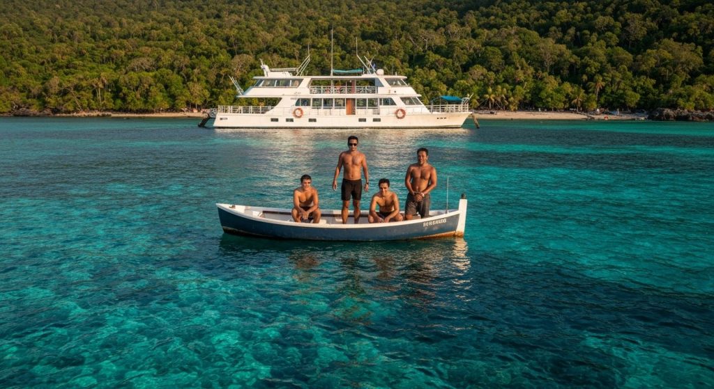 raja ampat all inclusive liveaboard — Photorealistic editorial travel photograph relevant to: The direct-booking charter